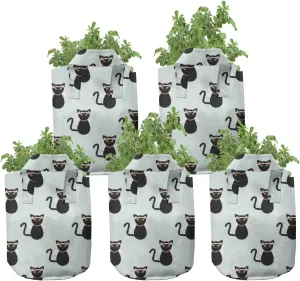 Ambesonne Cat Grow Bags 5-Pack, Funny Bride Kitten Repetition, Heavyduty Fabric Pots with Handles for Plants, Pale Blue Charcoal Grey