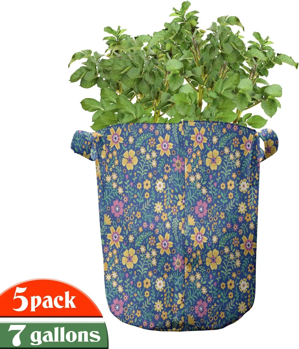 Ambesonne Nature Art Grow Bags 5-Pack, Meadow Blossoms Flourish, Heavyduty Fabric Pots with Handles for Plants, Marigold and Pink