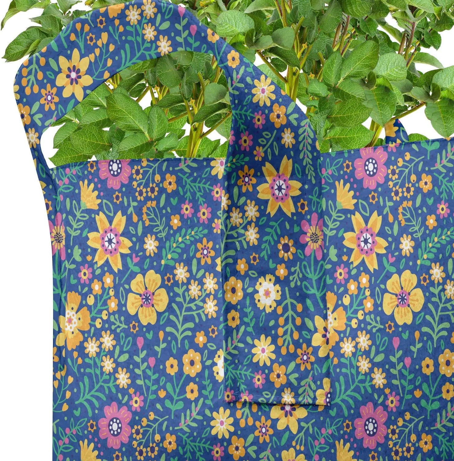 Ambesonne Nature Art Grow Bags 5-Pack, Meadow Blossoms Flourish, Heavyduty Fabric Pots with Handles for Plants, Marigold and Pink