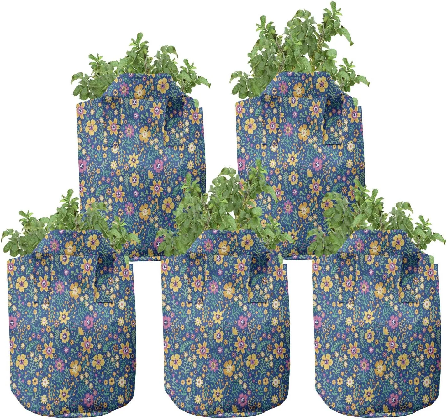 Ambesonne Nature Art Grow Bags 5-Pack, Meadow Blossoms Flourish, Heavyduty Fabric Pots with Handles for Plants, Marigold and Pink