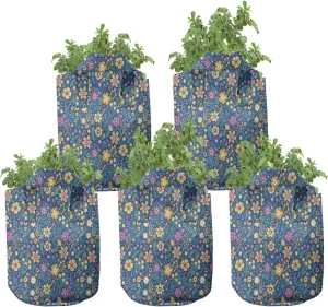 Ambesonne Nature Art Grow Bags 5-Pack, Meadow Blossoms Flourish, Heavyduty Fabric Pots with Handles for Plants, Marigold and Pink