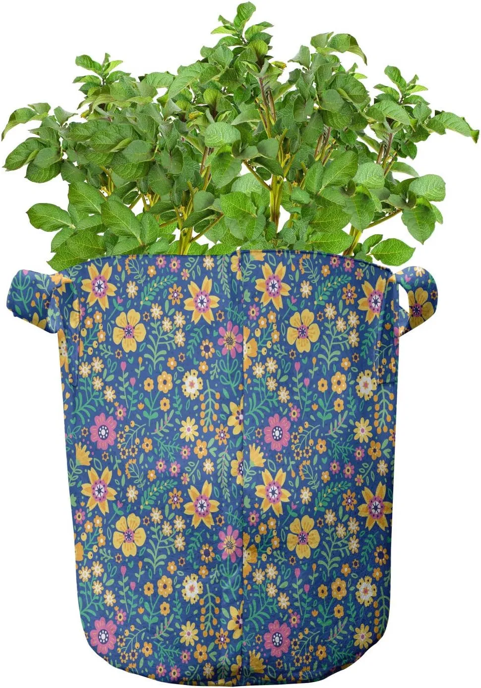 Ambesonne Nature Art Grow Bags 5-Pack, Meadow Blossoms Flourish, Heavyduty Fabric Pots with Handles for Plants, Marigold and Pink