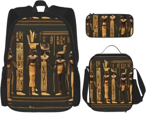 Ancient Egyptian Hieroglyph Print Unisex Stylish Travel Backpack Set With Insulated Lunch Bag,Adjustable Straps