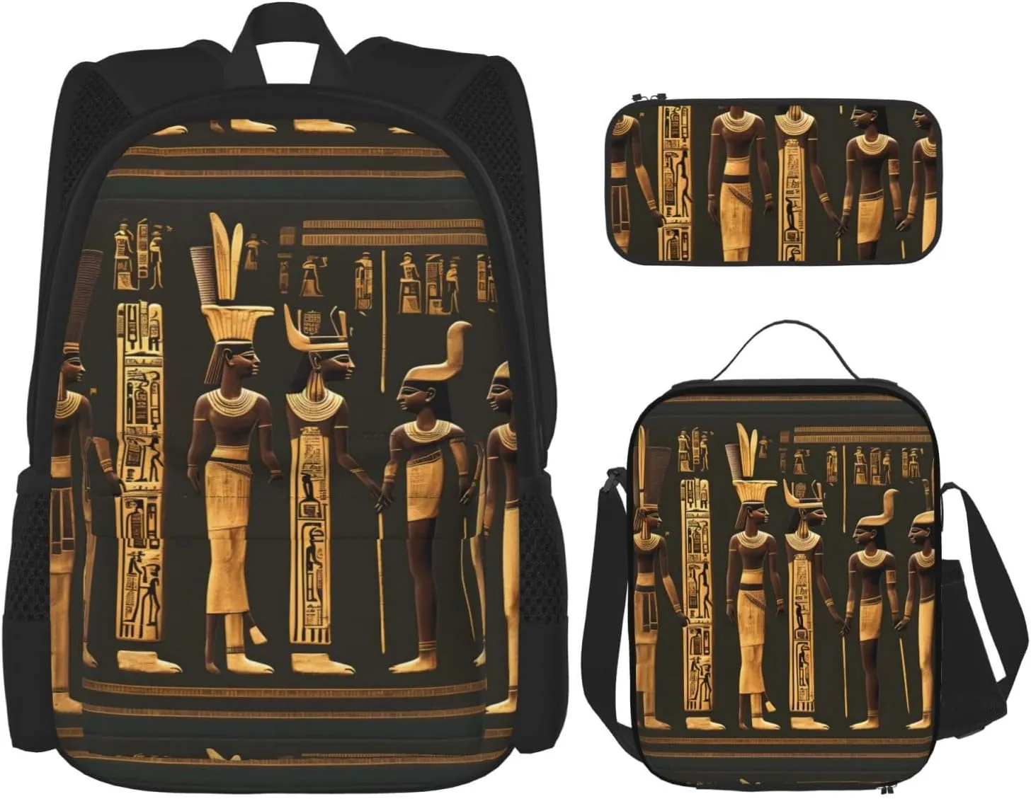 Ancient Egyptian Hieroglyph Print Unisex Stylish Travel Backpack Set With Insulated Lunch Bag,Adjustable Straps