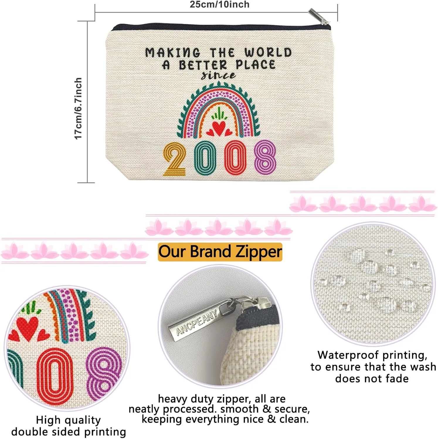 ancpeany 17th Birthday Decorations for Girls, Her, Teenage Girls, Sister, Daughter, Granddaughter, 2008 Funny 17 Year Old Girl Gift Ideas Makeup Bags, Cosmetic Travel Bag for 17th Birthday Gifts