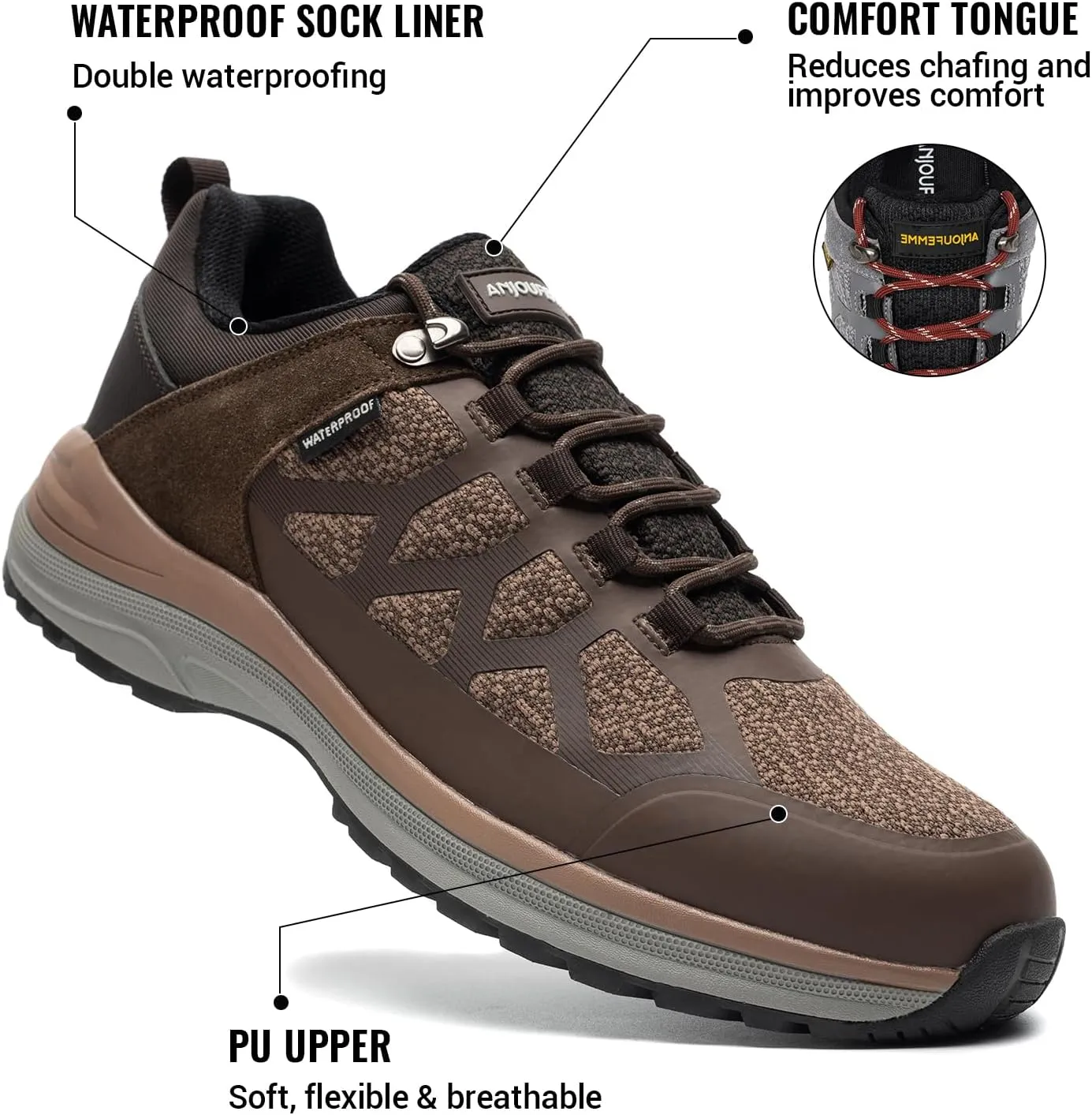 ANJOUFEMME Waterproof Hiking Shoes for Men Lightweight Breathable Trekking Trails Shoes Outdoor