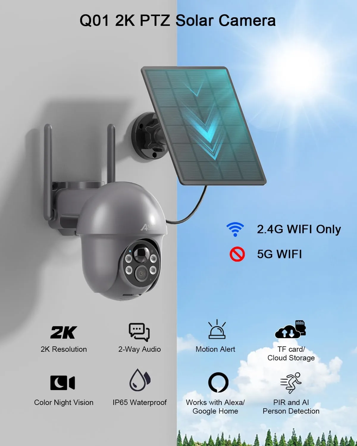 ANRAN 3MP Security Camera Wireless Outdoor, 2K Solar Outdoor Camera with 360° View, Smart Siren, Spotlights, Color Night Vision, PIR Human Detection, Pan Tilt Control, 2-Way Talk, Q01 Grey 2 Packs