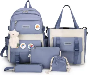 AONUOWE 5pcs Aesthetic Backpack Set for School Teens Girls Daypack Cute Trendy Large Capacity Preppy Shoulder Bag (Blue)
