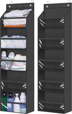 AOODA 2 Pack Over the Door Organizer, Large Capacity Closet Door Hanging Organizer, Clear Deep Pockets Baby Storage for Nursery, Bathroom, Bedroom, Pantry, Diapers (Black)