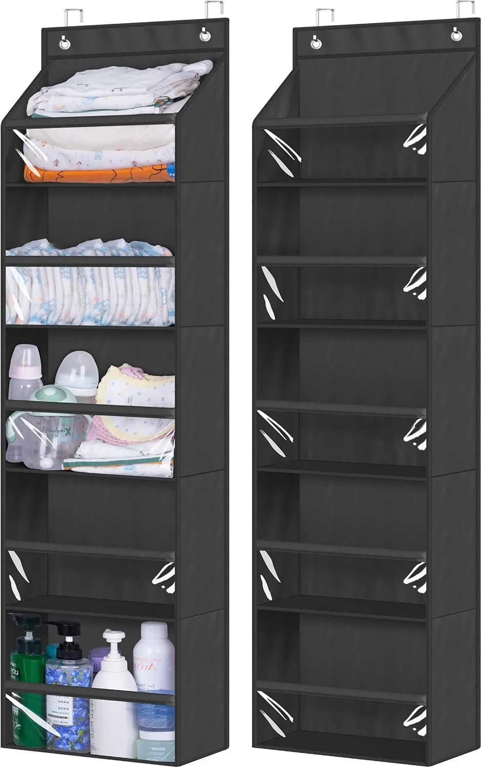 AOODA 2 Pack Over the Door Organizer, Large Capacity Closet Door Hanging Organizer, Clear Deep Pockets Baby Storage for Nursery, Bathroom, Bedroom, Pantry, Diapers (Black)