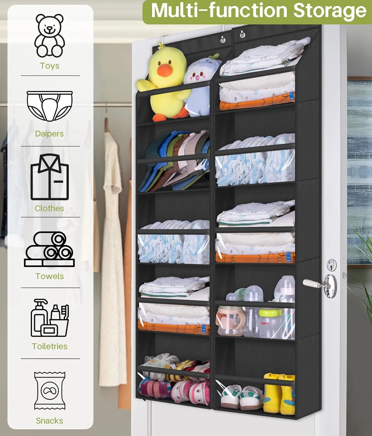 AOODA 2 Pack Over the Door Organizer, Large Capacity Closet Door Hanging Organizer, Clear Deep Pockets Baby Storage for Nursery, Bathroom, Bedroom, Pantry, Diapers (Black)