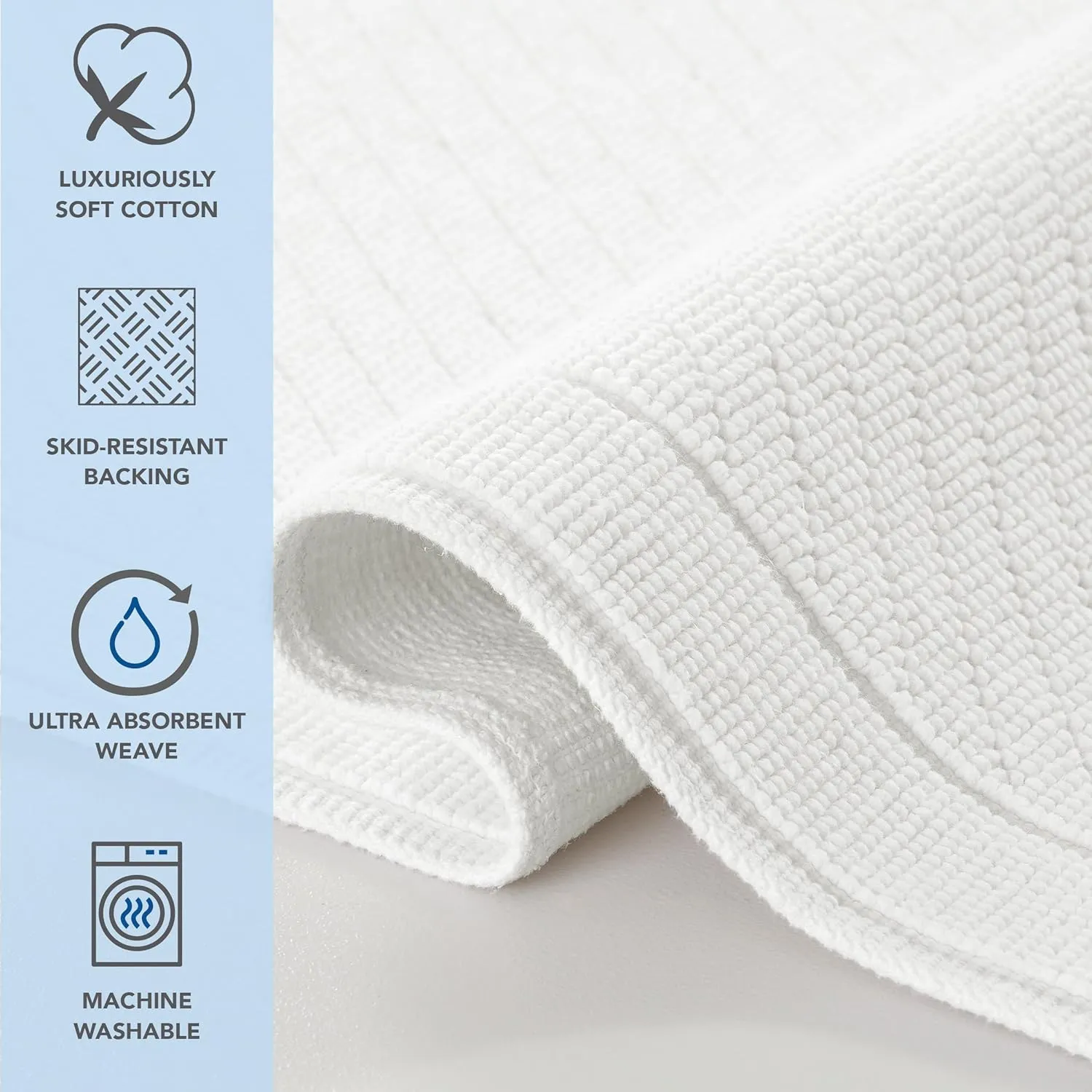 Arkwright 100% Cotton Bathroom Rug - High Absorbent Stylish Textured Woven Design Bath Mat, Slip Resistant Backing for Shower and Bathtub Floor, 20x60 in - Pearl White