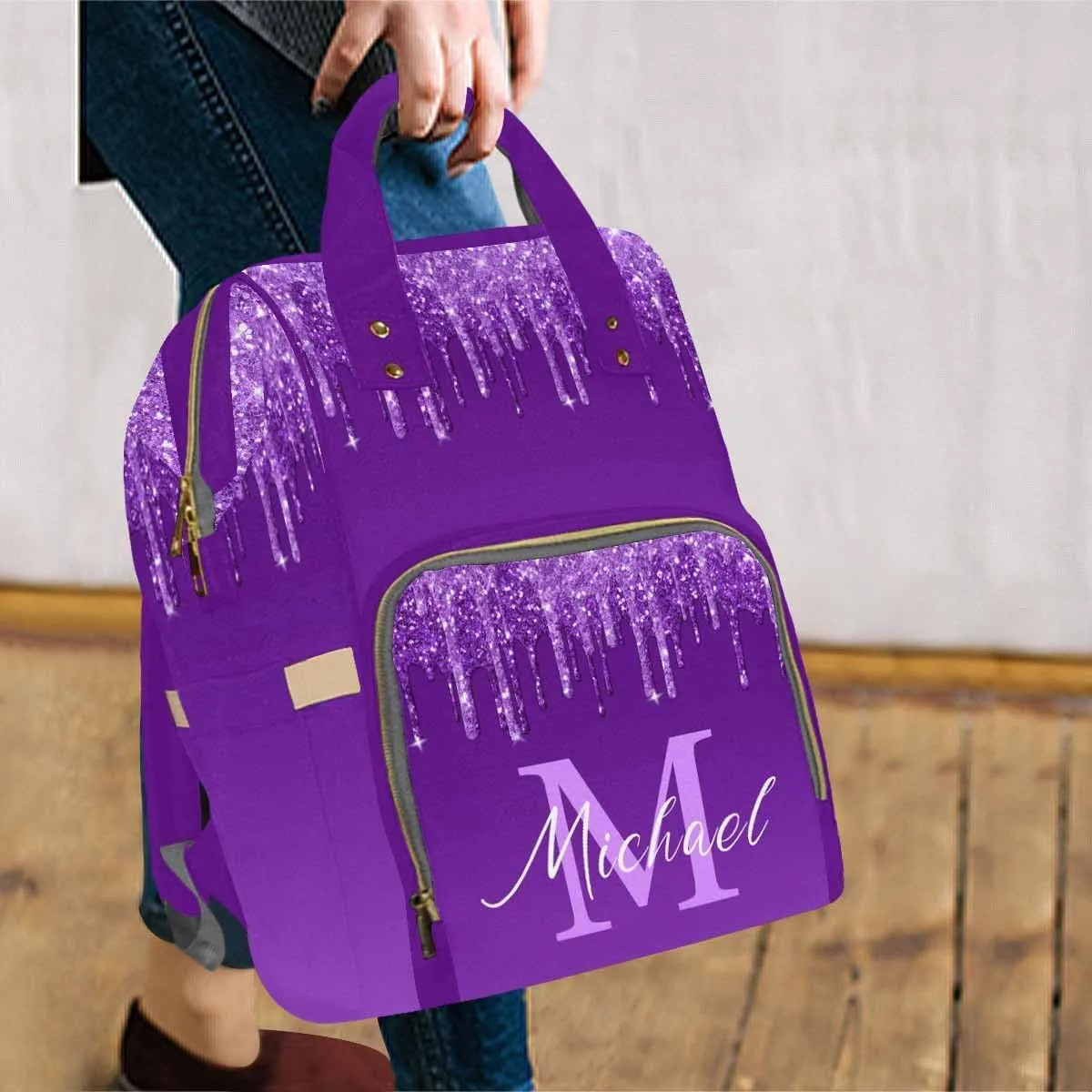 Artsadd Custom Diaper Bag for Mom, Customized Purple Glitter Print Tote Bag for Women Personalized Mommy Nursing Bags Nappy Casual Travel Daypack for Mom Women