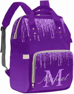 Artsadd Custom Diaper Bag for Mom, Customized Purple Glitter Print Tote Bag for Women Personalized Mommy Nursing Bags Nappy Casual Travel Daypack for Mom Women