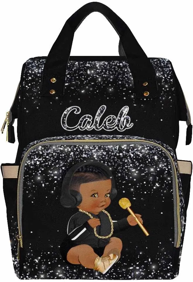 Artsadd Custom Name Baby Bags for Dad Mom, Personalized Stunning Dots Headset Diaper Backpack with Stroller Straps Large Capacity Nappy Bag for Boys Kids