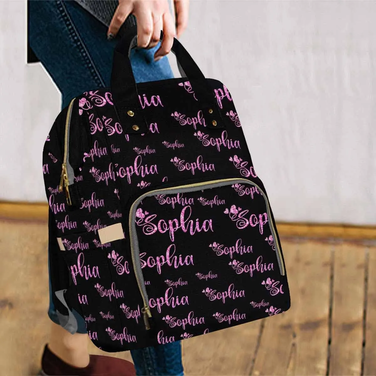 Artsadd Custom Name Diaper Bag for Mom, Personalized Pink Glitter Monogram Backpack with Stroller Straps Large Travel Shoulder Bag Capacity Nappy Bag for Baby Shower Gifts