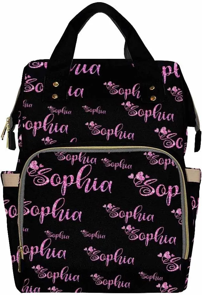 Artsadd Custom Name Diaper Bag for Mom, Personalized Pink Glitter Monogram Backpack with Stroller Straps Large Travel Shoulder Bag Capacity Nappy Bag for Baby Shower Gifts