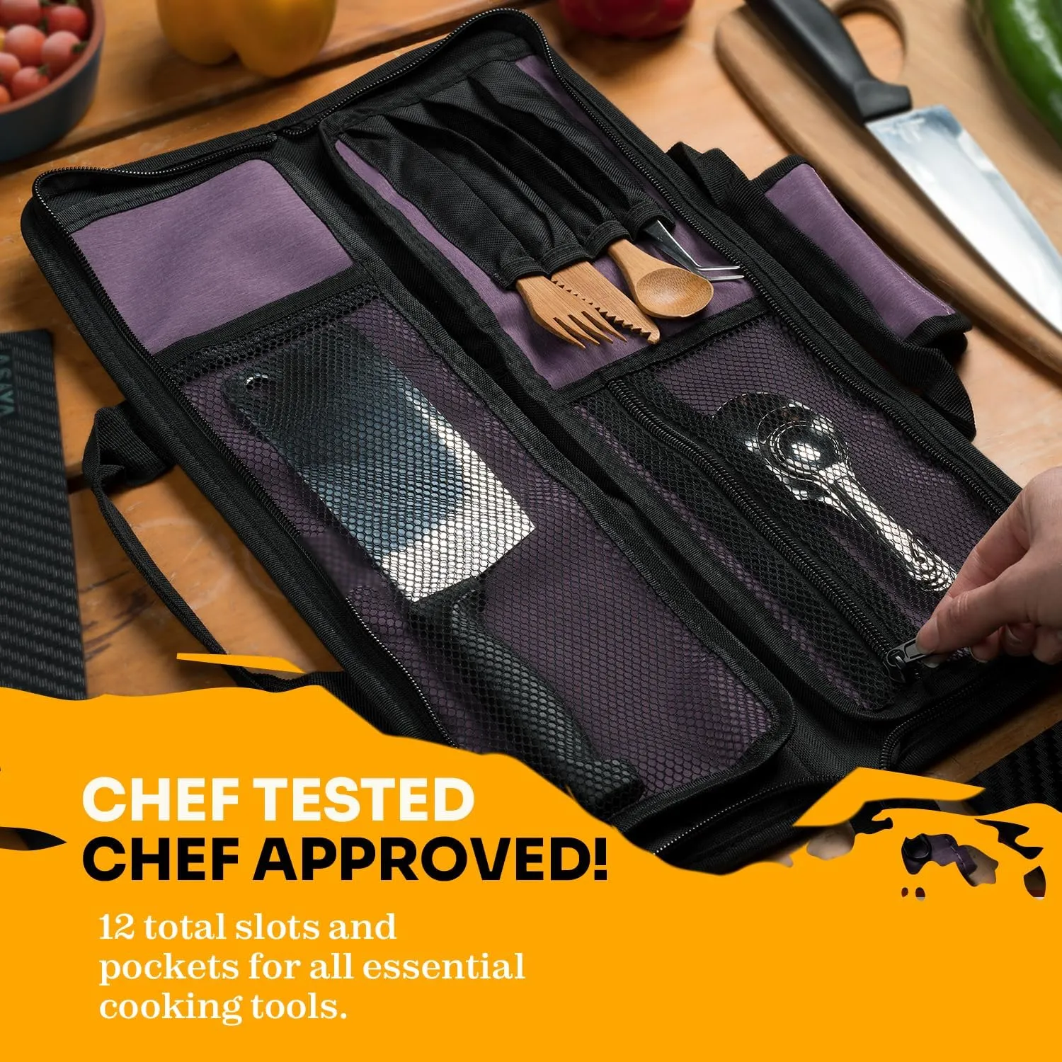 Asaya Chef Knife Roll Bag - 12 Pockets for Knives and Kitchen Utensils - Lightweight, Durable, and Stain Resistant Nylon - Perfect for the Traveling Chef - Knives not Included (Purple)