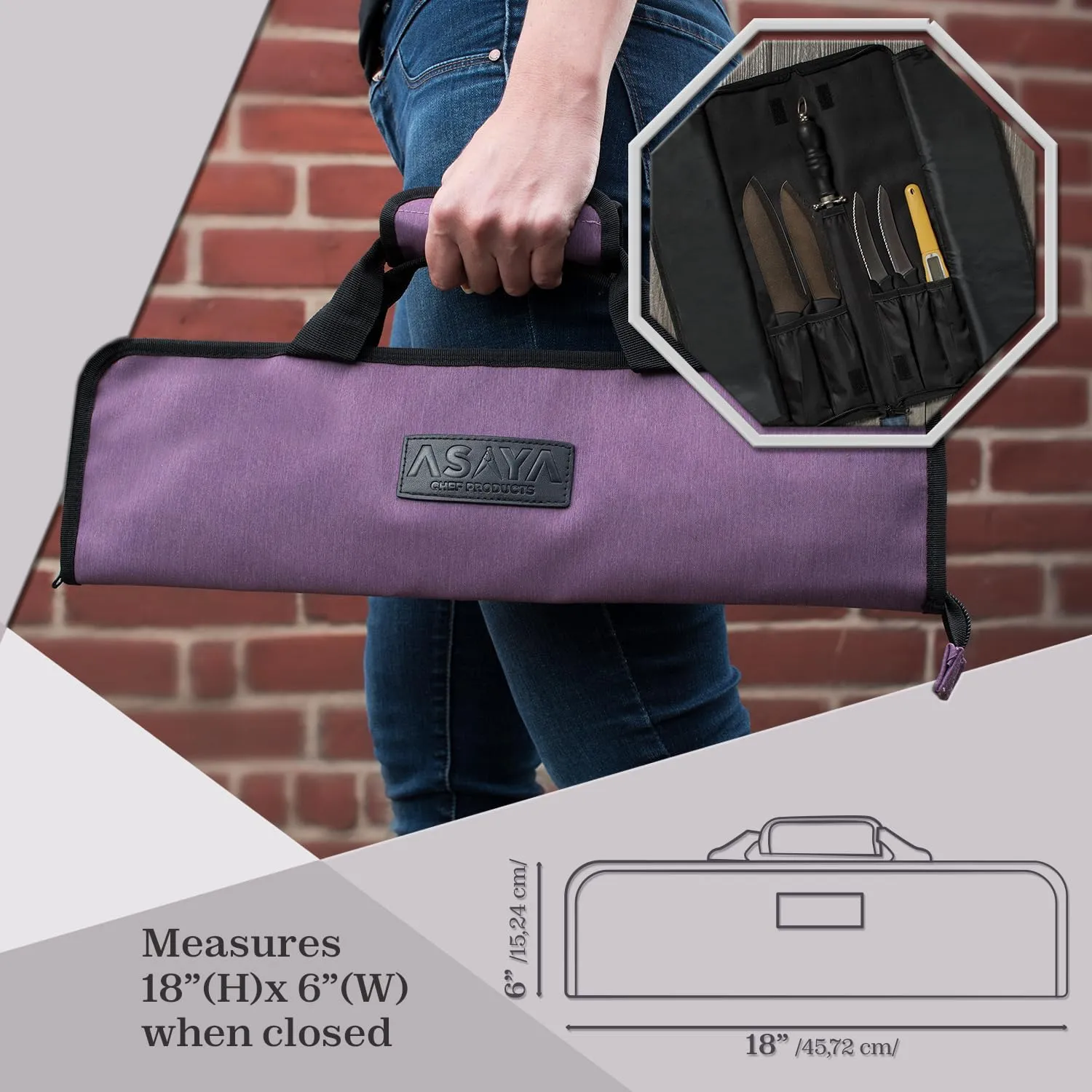 Asaya Chef Knife Roll Bag - 12 Pockets for Knives and Kitchen Utensils - Lightweight, Durable, and Stain Resistant Nylon - Perfect for the Traveling Chef - Knives not Included (Purple)