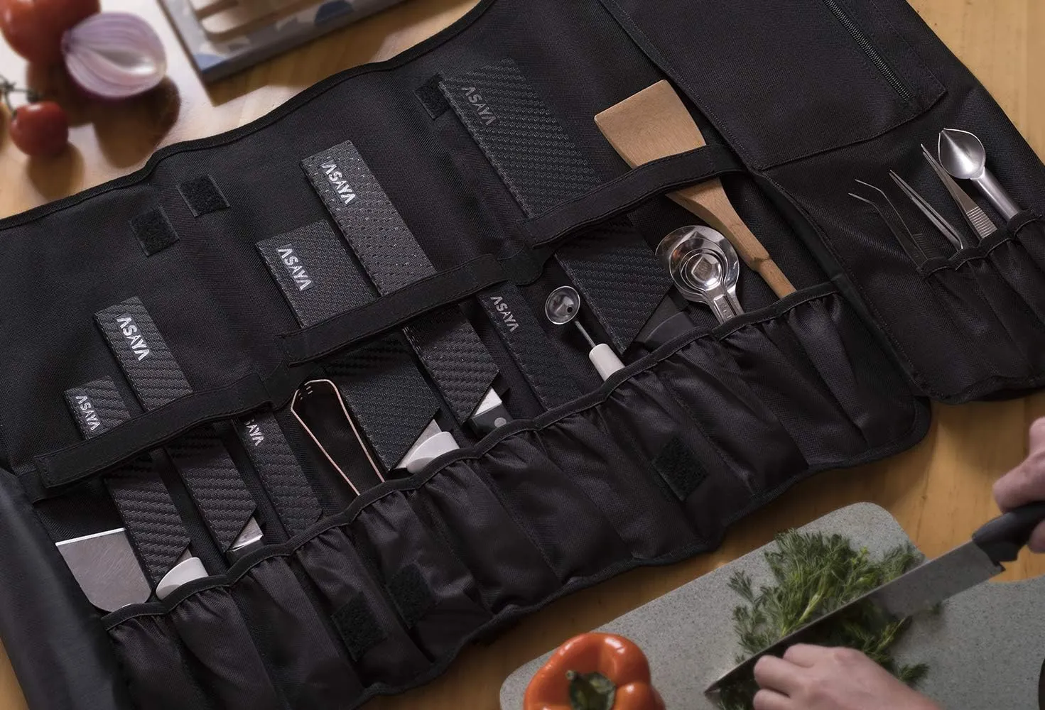 Asaya Chef Knife Roll Bag - 20 Total Pockets for Knives and Kitchen Utensils - Made with Stain Resistant Waxed Nylon - For Chefs and Culinary Students - Knives Not Included(Red)