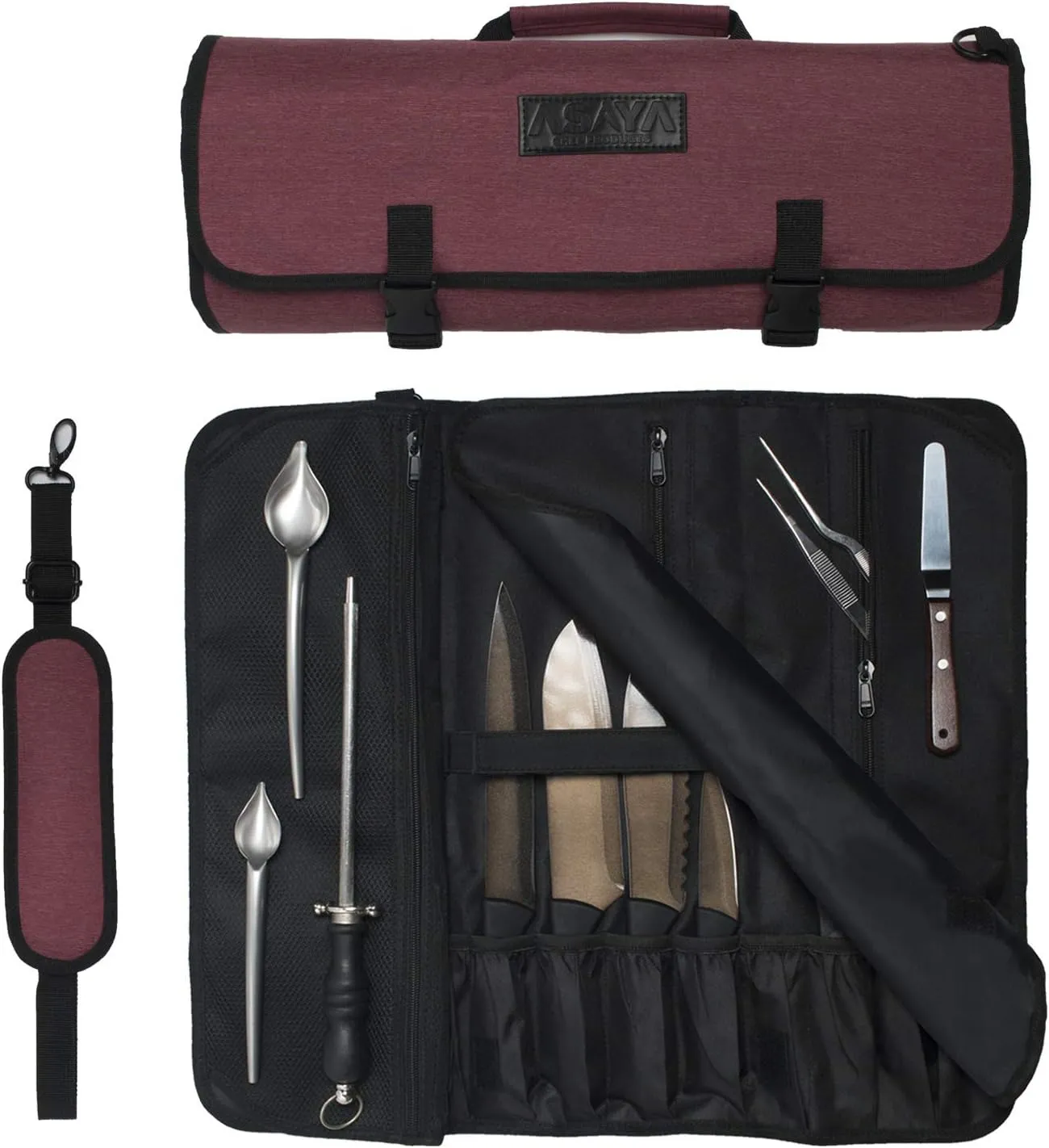 Asaya Chef Knife Roll Bag - 20 Total Pockets for Knives and Kitchen Utensils - Made with Stain Resistant Waxed Nylon - For Chefs and Culinary Students - Knives Not Included(Red)