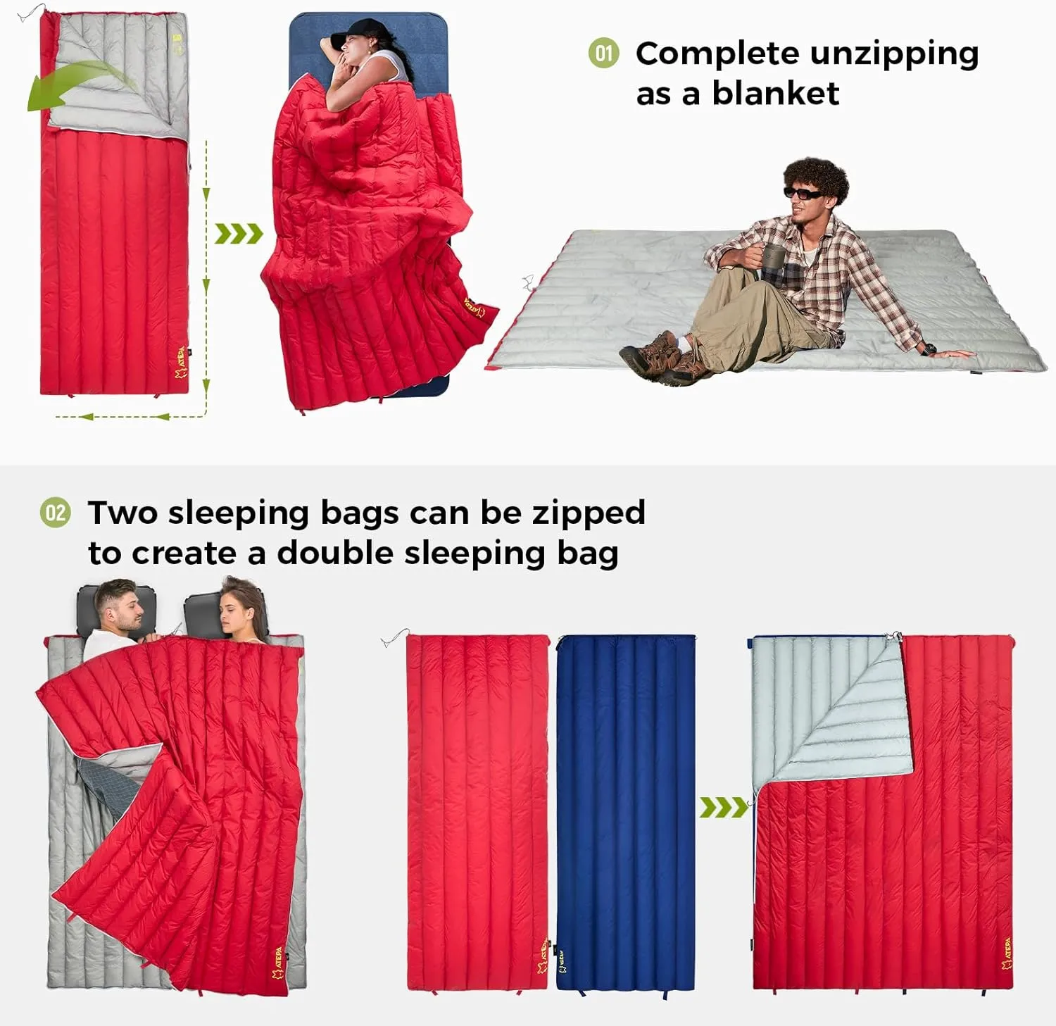 ATEPA Down Sleeping Bag for Adults, 650FP Ultralight 3 Season Compact Packable Sleeping Bag with Compression Sack for Camping Backpacking Hiking
