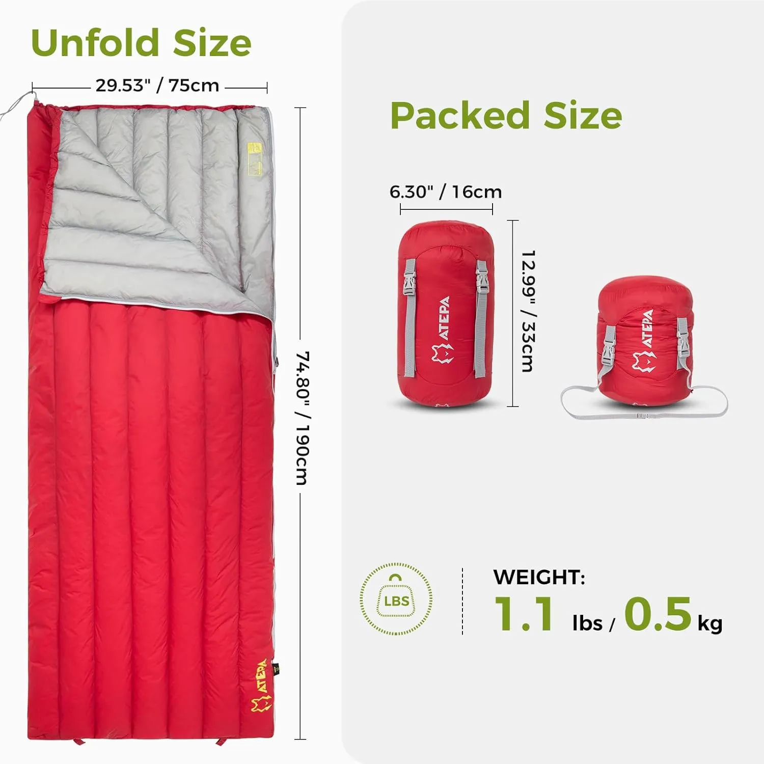 ATEPA Down Sleeping Bag for Adults, 650FP Ultralight 3 Season Compact Packable Sleeping Bag with Compression Sack for Camping Backpacking Hiking