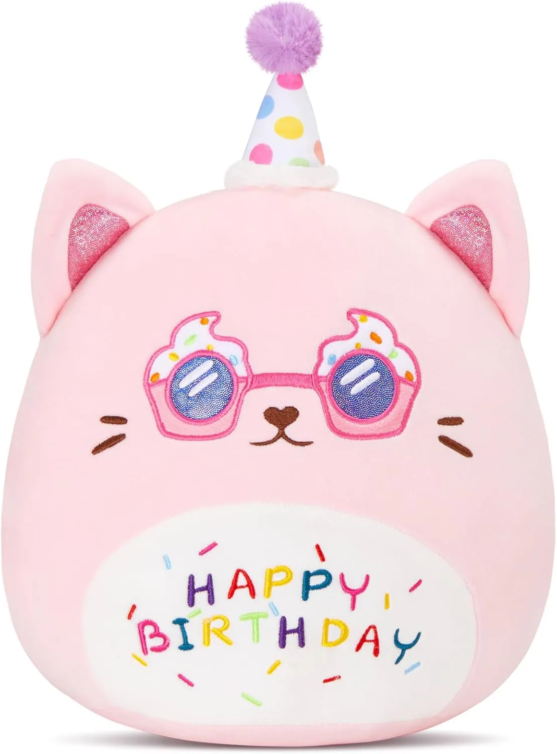Athoinsu 13" Happy Birthday Cat Plush Pillow Cute Stuffed Animal Soft Kawaii Birthday Plushie Funny Pillows Home Room Decoration Gifts for Toddlers Kids Girls