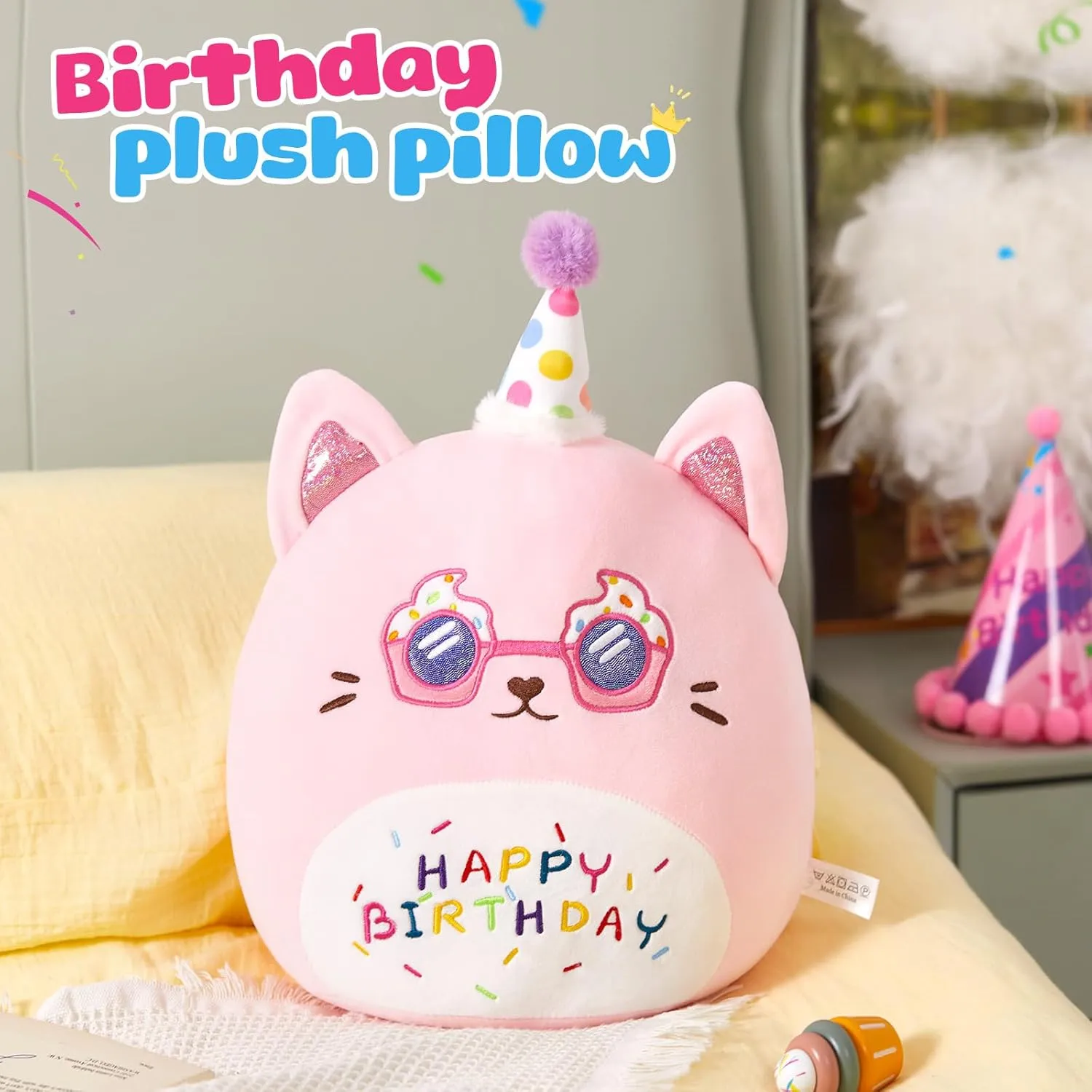 Athoinsu 13" Happy Birthday Cat Plush Pillow Cute Stuffed Animal Soft Kawaii Birthday Plushie Funny Pillows Home Room Decoration Gifts for Toddlers Kids Girls