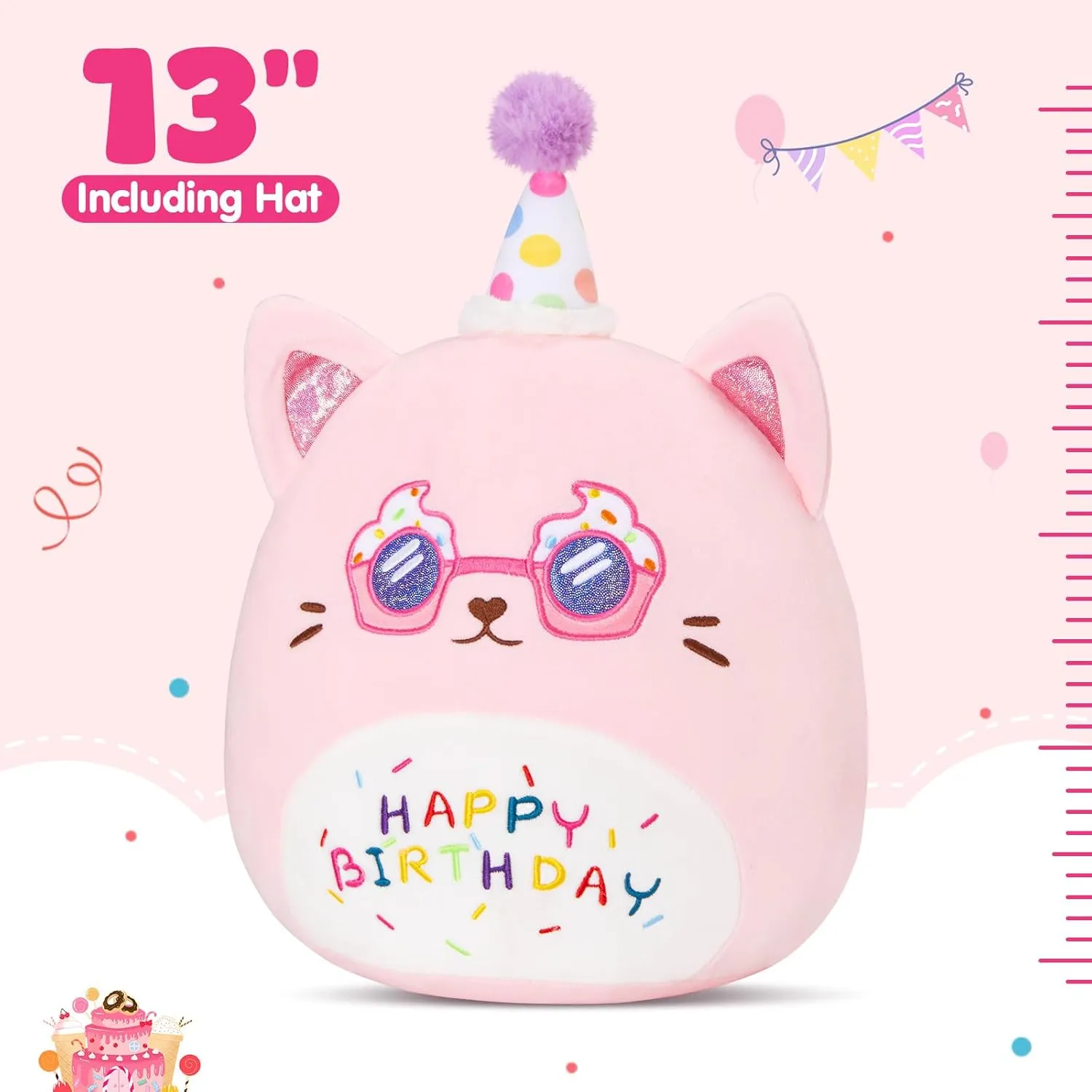 Athoinsu 13" Happy Birthday Cat Plush Pillow Cute Stuffed Animal Soft Kawaii Birthday Plushie Funny Pillows Home Room Decoration Gifts for Toddlers Kids Girls