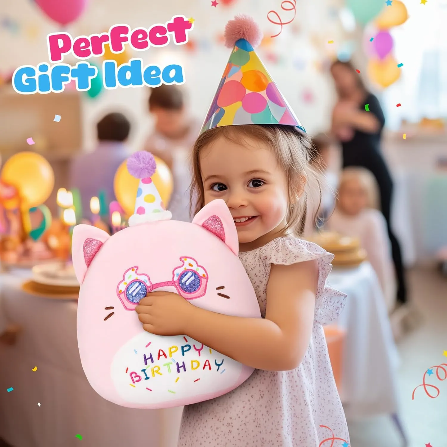 Athoinsu 13" Happy Birthday Cat Plush Pillow Cute Stuffed Animal Soft Kawaii Birthday Plushie Funny Pillows Home Room Decoration Gifts for Toddlers Kids Girls