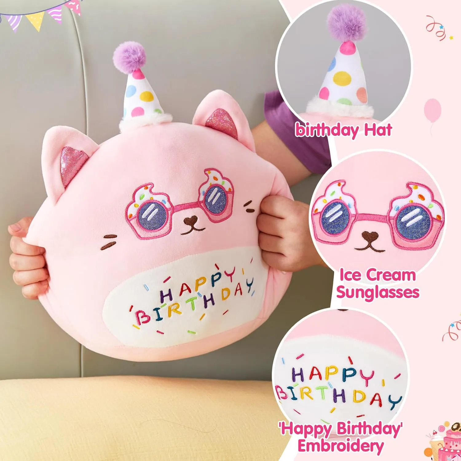 Athoinsu 13" Happy Birthday Cat Plush Pillow Cute Stuffed Animal Soft Kawaii Birthday Plushie Funny Pillows Home Room Decoration Gifts for Toddlers Kids Girls