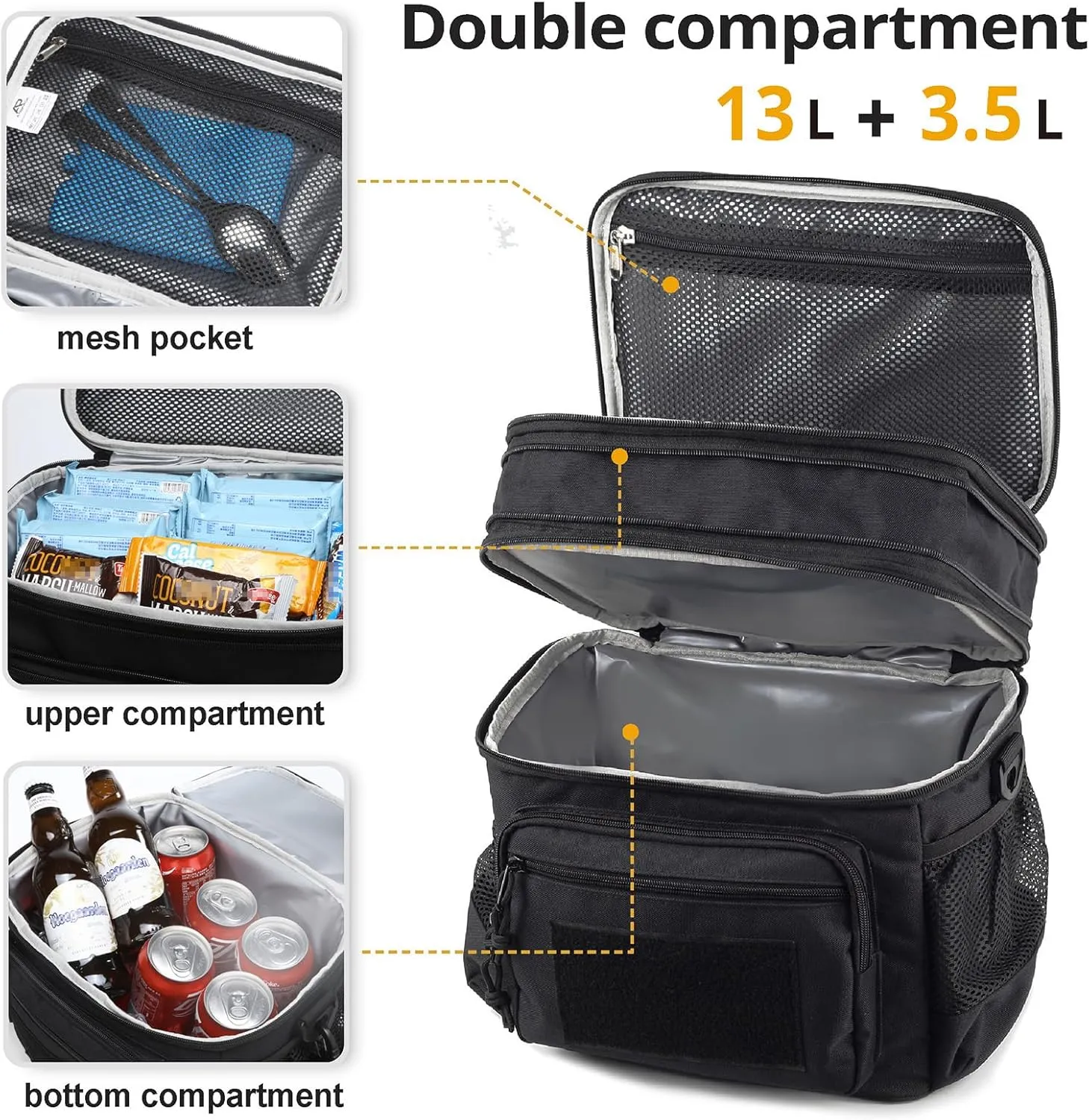ATRIPACK Lunch Bag for Men, Double Deck Tactical Lunch Box Work with Shoulder Strap MOLLE Webbing Large Lunch Cooler Leakproof Insulated （Black）