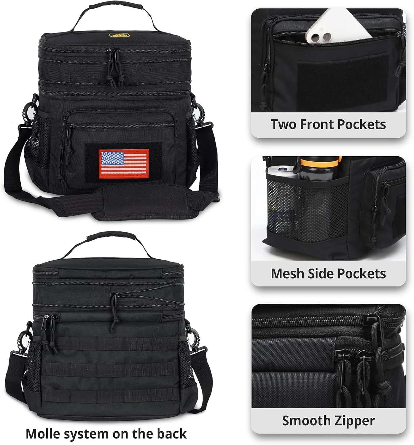 ATRIPACK Lunch Bag for Men, Double Deck Tactical Lunch Box Work with Shoulder Strap MOLLE Webbing Large Lunch Cooler Leakproof Insulated （Black）
