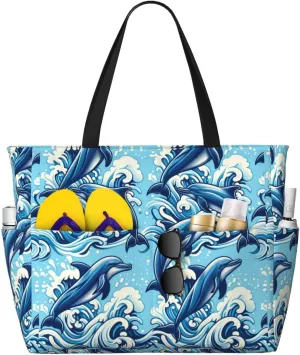 Augenstern Large Capacity Beach Travel Bag Dolphins-Jump-Blue-Sea Foldable Weekender Bag Women Oversize Tote Bag