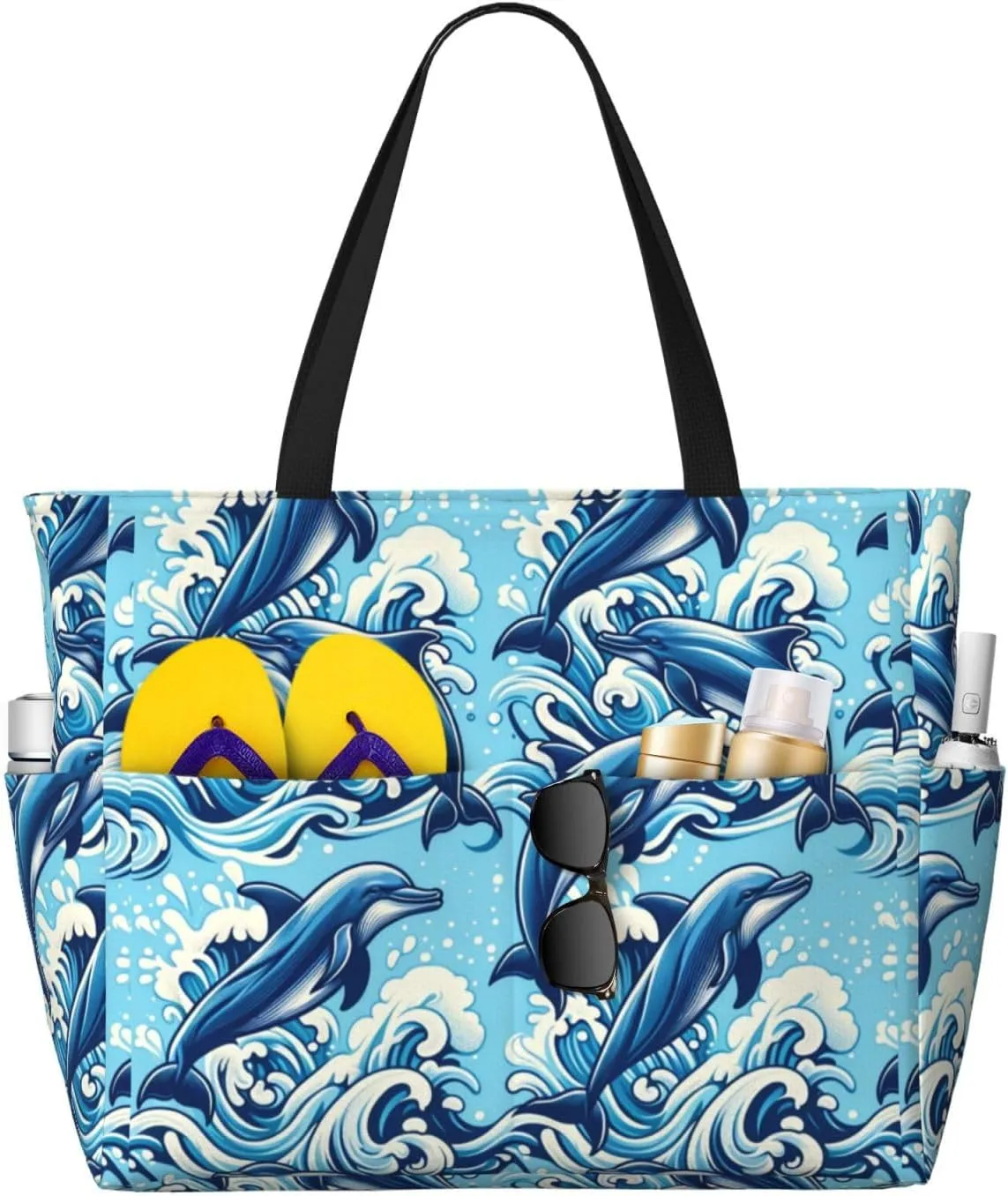 Augenstern Large Capacity Beach Travel Bag Dolphins-Jump-Blue-Sea Foldable Weekender Bag Women Oversize Tote Bag