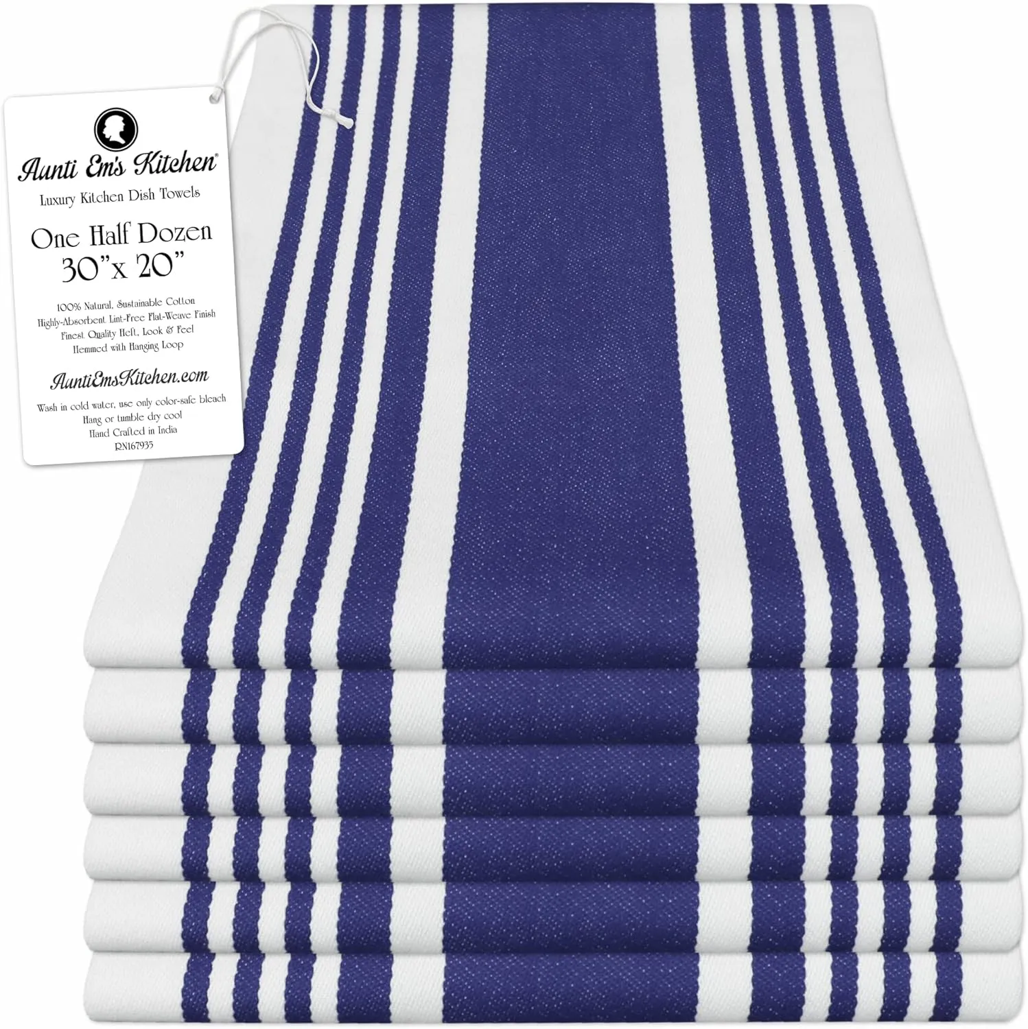 Aunti Em's Kitchen Designer Hand and Kitchen Dish Towels Woven from 100% Responsibly-Farmed, Thick, Luxurious Cotton, Oversized 20 x 30 inches, One Half Dozen, Blueberry Stripe