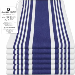 Aunti Em's Kitchen Designer Hand and Kitchen Dish Towels Woven from 100% Responsibly-Farmed, Thick, Luxurious Cotton, Oversized 20 x 30 inches, One Half Dozen, Blueberry Stripe