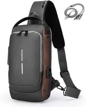 Auricz Sling Bag, Carbon Fiber Streamline Anti-Theft Sling Bag, USB Charging Waterproof Shoulder Crossbody Backpack (Gray Gold)
