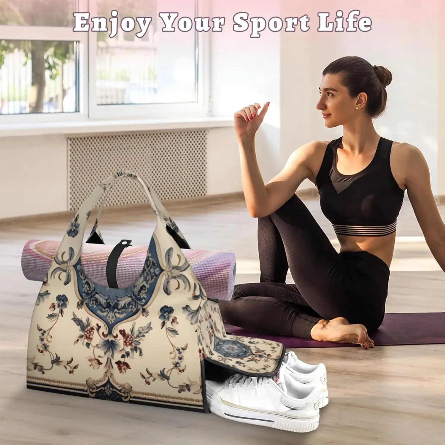 Aztec Flower Texture Gym Bag Yoga Mat Tote for Women with Shoes Compartment Lightweight Duffle Travel Carrier Wet Dry Storage Pockets Adjustable Pilates Mats Shoulder Bags for Sport Swim