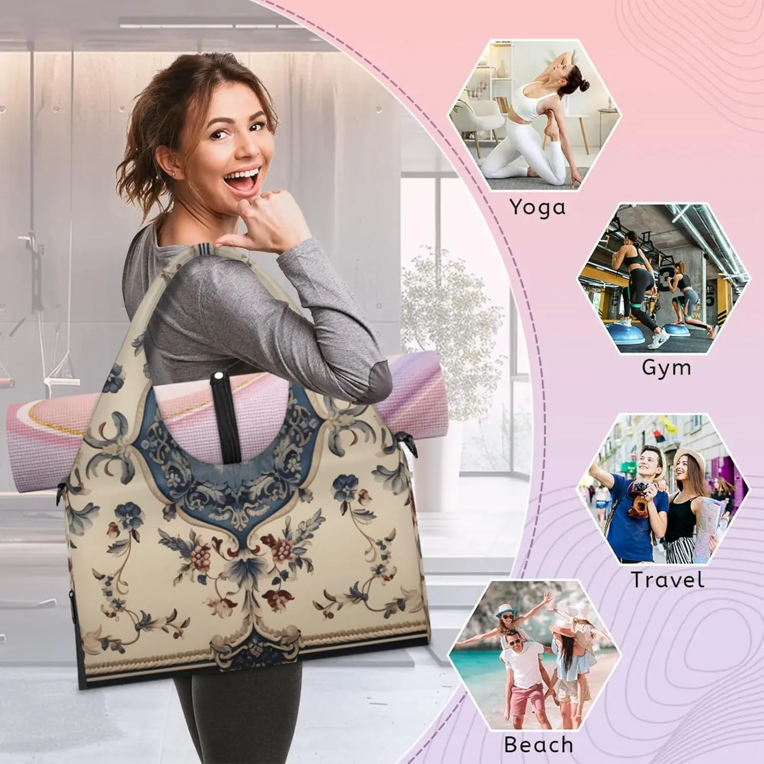 Aztec Flower Texture Gym Bag Yoga Mat Tote for Women with Shoes Compartment Lightweight Duffle Travel Carrier Wet Dry Storage Pockets Adjustable Pilates Mats Shoulder Bags for Sport Swim