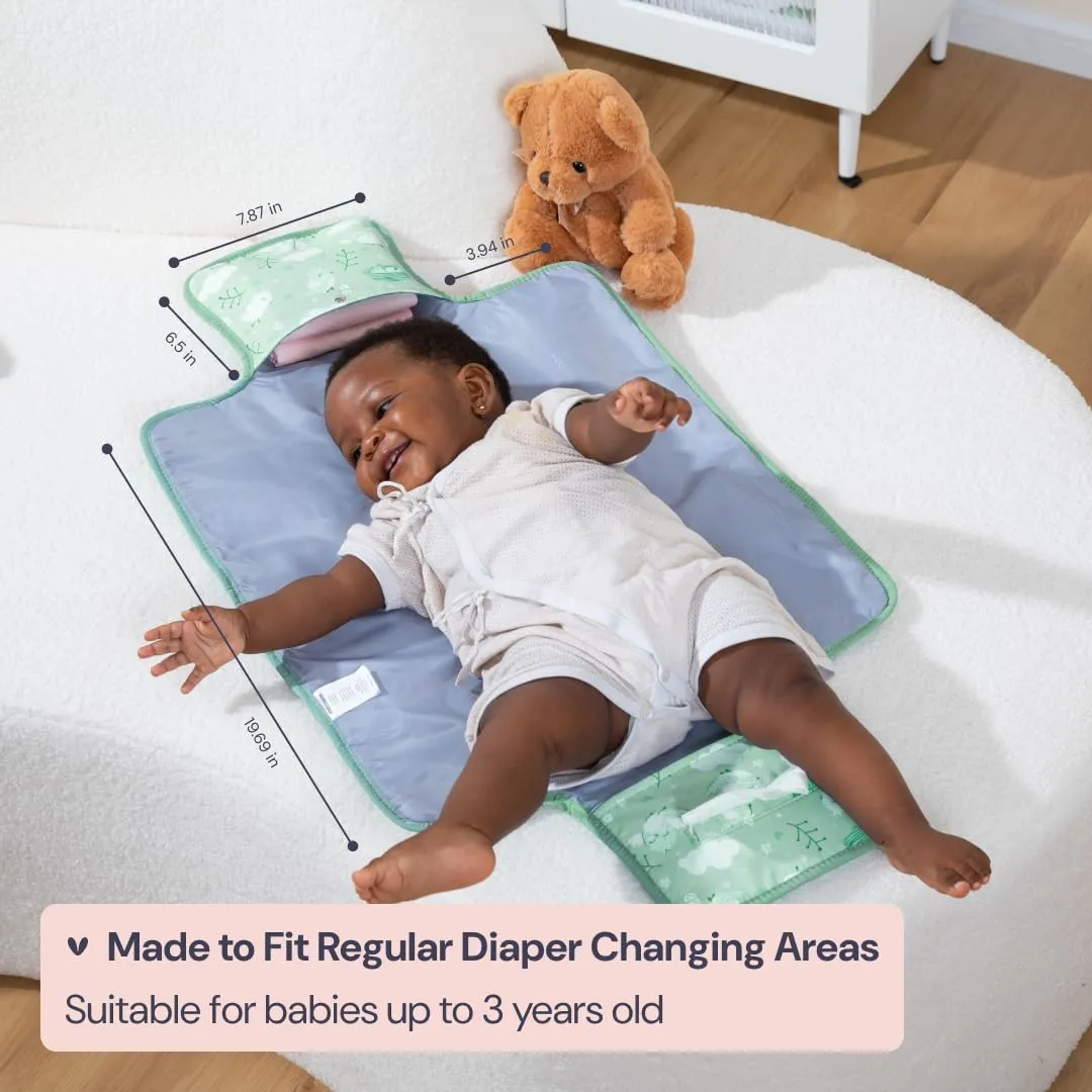 BabbleRoo Baby Changing Pad - Comfortable Portable Changing Pad, Compact, Fits in Any Diaper Bag - Lightweight and Soft with Cute Designs, Convenient Pockets, Extra Head Support – Sage Green Birdy