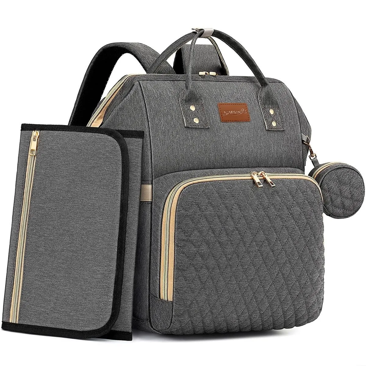 Baby Diaper Bag Backpack with Changing Pad, Pacifier Case, for Boy Girl Toddler - Large, Stylish, Waterproof Travel Quilted Diaper Bag for Mom - Baby Shower Gifts - Grey