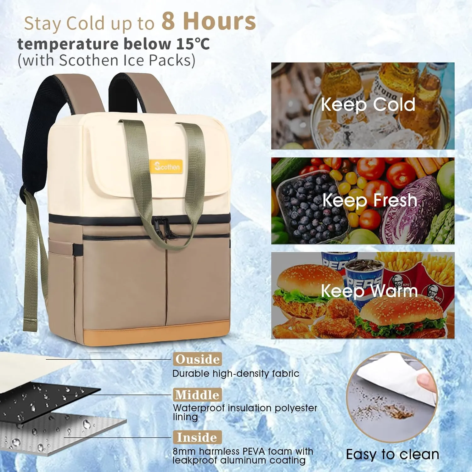 Backpack Cooler with Double Decker & 12 Ice Packs- Keeps 36 Cans Cold for Up to 24 Hours- Waterproof & Leak Proof Insulated Cooler Backpack- Stylish Cooler Bookbag for Women Travel Work Beach