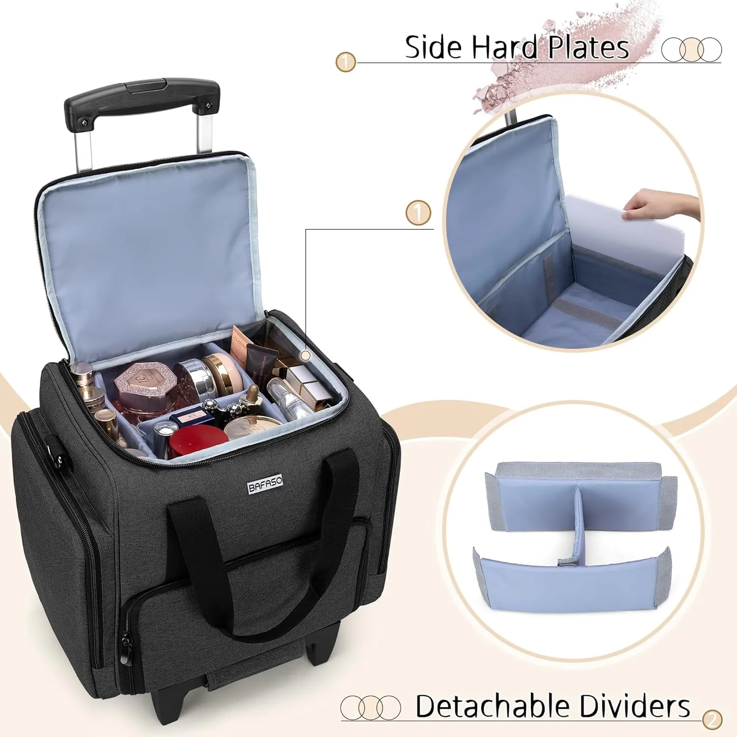 BAFASO Rolling Makeup Case with 3 Removable Pouches and 1 Makeup Brush Bag, Professional Makeup Train Case Cosmetic Bag with Detachable Dolly (Patented), Black