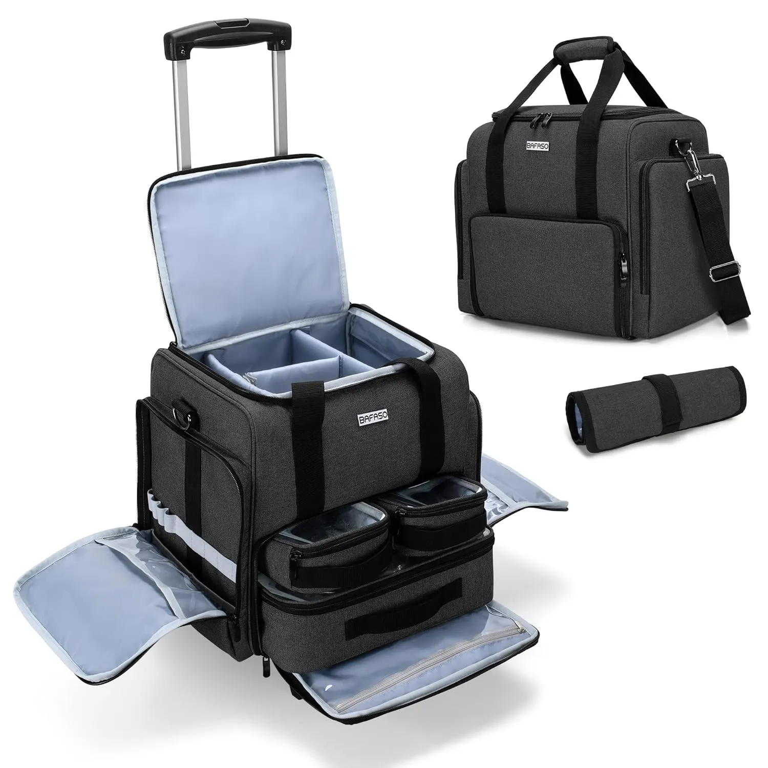BAFASO Rolling Makeup Case with 3 Removable Pouches and 1 Makeup Brush Bag, Professional Makeup Train Case Cosmetic Bag with Detachable Dolly (Patented), Black