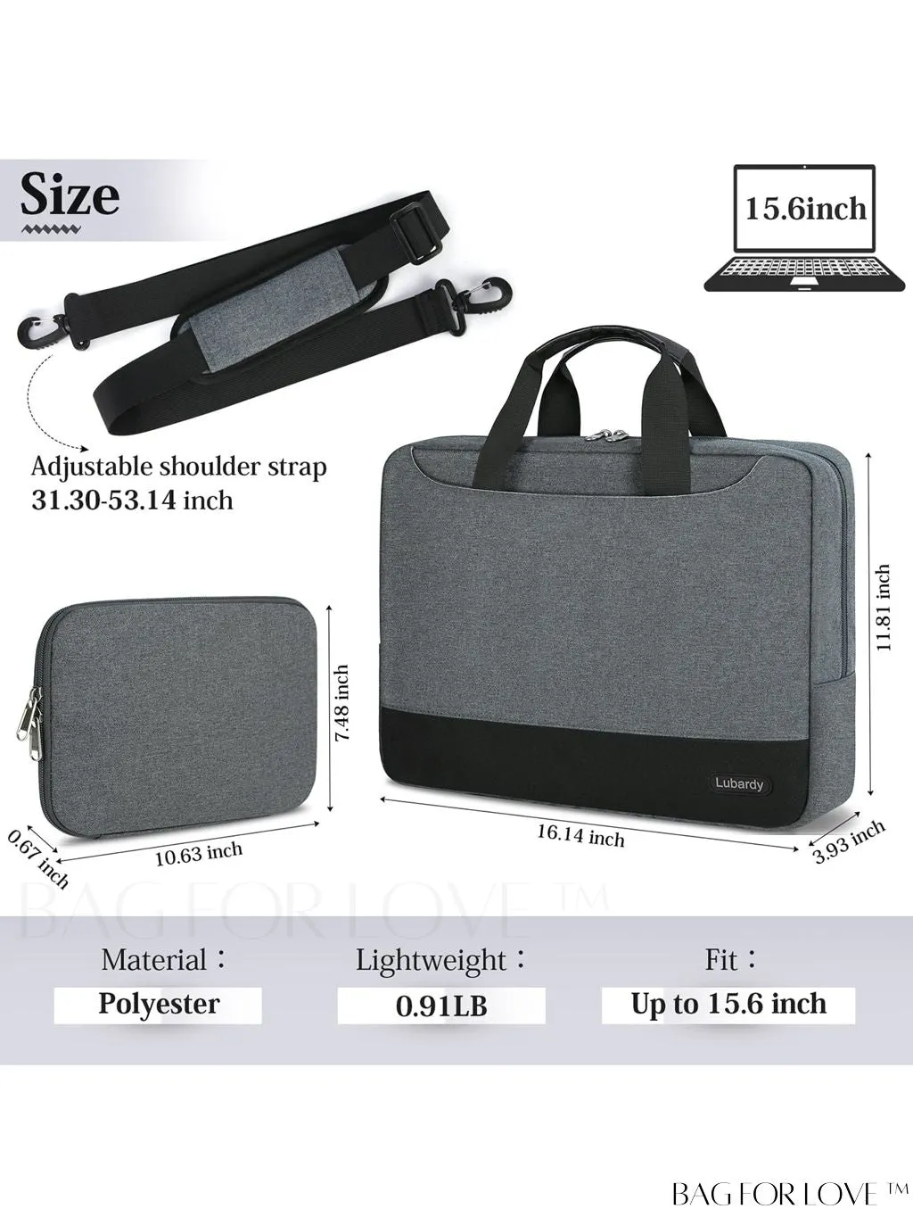BagForLove - 15.6 Laptop Bag with Cable Organizer, Waterproof Sleeve, and Shoulder Strap - Professional Briefcase