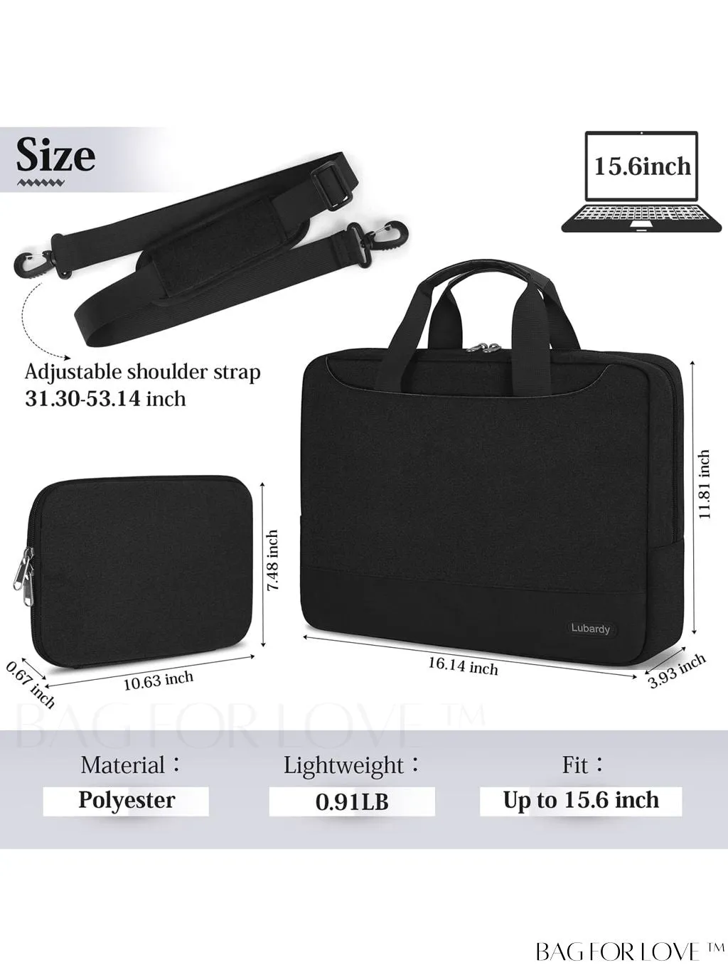 BagForLove - 15.6 Laptop Bag with Cable Organizer, Waterproof Sleeve, and Shoulder Strap - Professional Briefcase