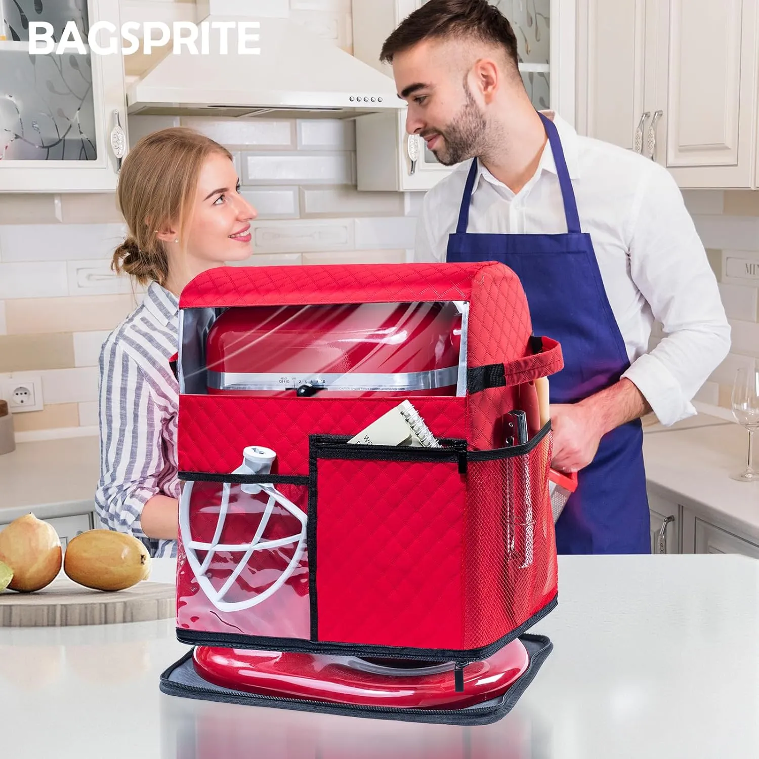 BAGSPRITE Stand Mixer Cover with Detachable Appliance Sliders Base Compatible with KitchenAid Mixer-Storage Bag for 6/7/8 Quart with Pockets for Kitchen Aid Accessories and Attachments