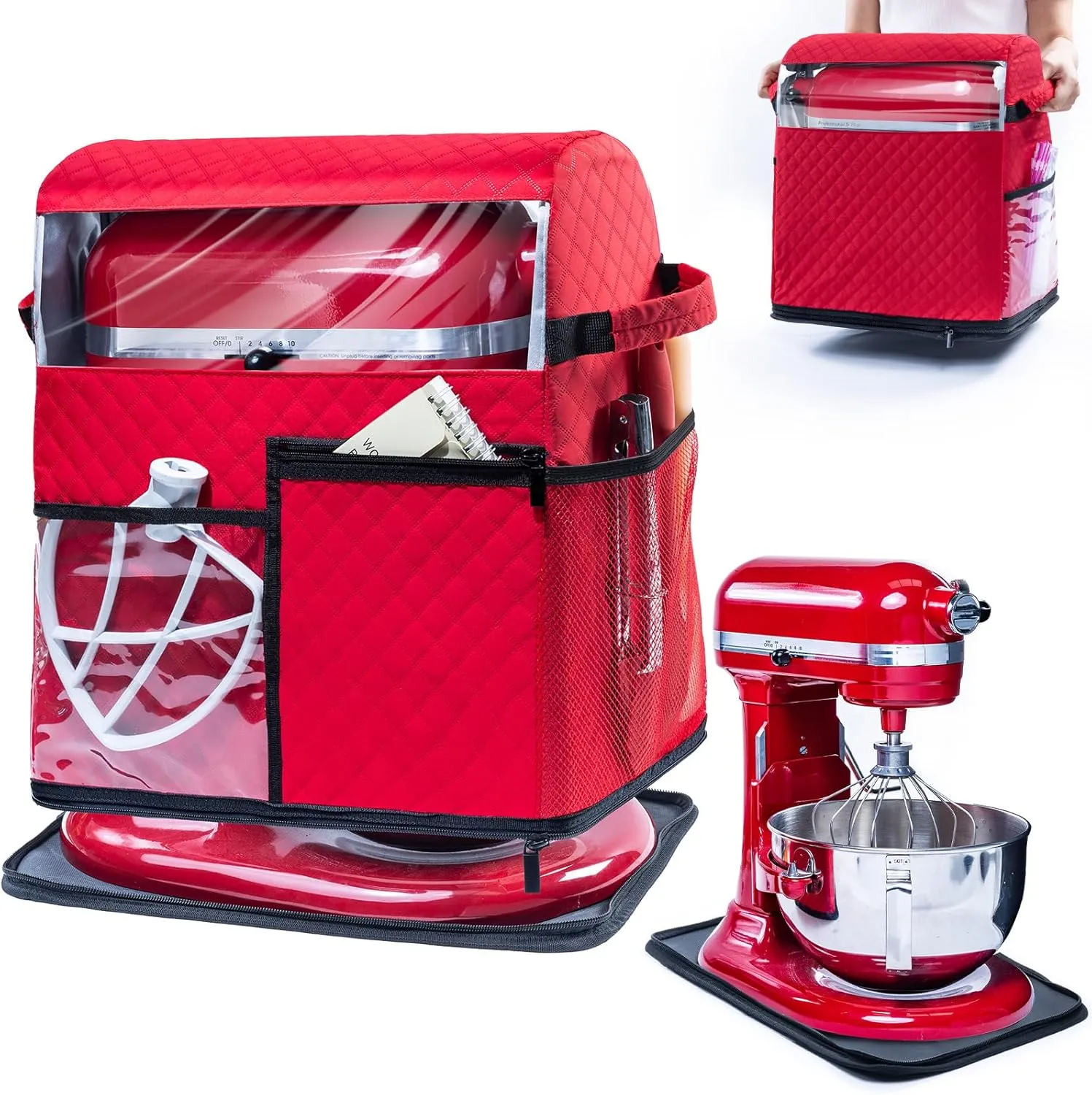 BAGSPRITE Stand Mixer Cover with Detachable Appliance Sliders Base Compatible with KitchenAid Mixer-Storage Bag for 6/7/8 Quart with Pockets for Kitchen Aid Accessories and Attachments
